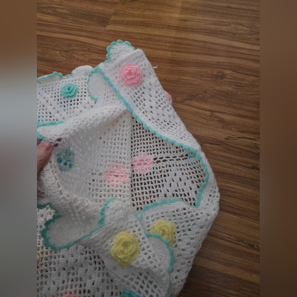 Vintage Hand-Crocheted Wool Blend Pillow Sham | Pastel Rosette Floral - Picture 5 of 6